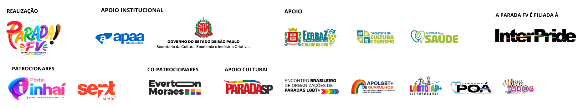Régua de apoios e parceiros da Parada de Ferraz em 2026